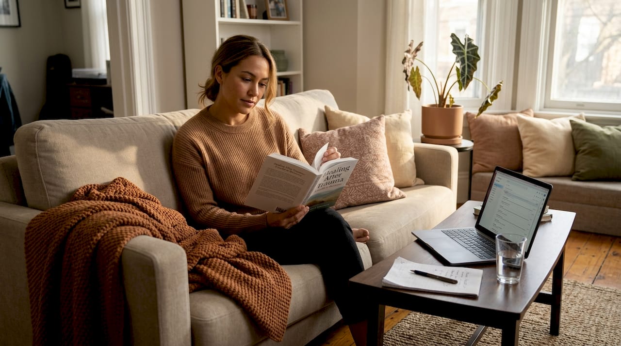 Woman reading trauma recovery in living room