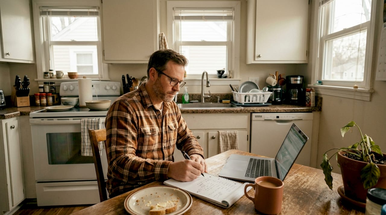 Man revising checklist at kitchen table