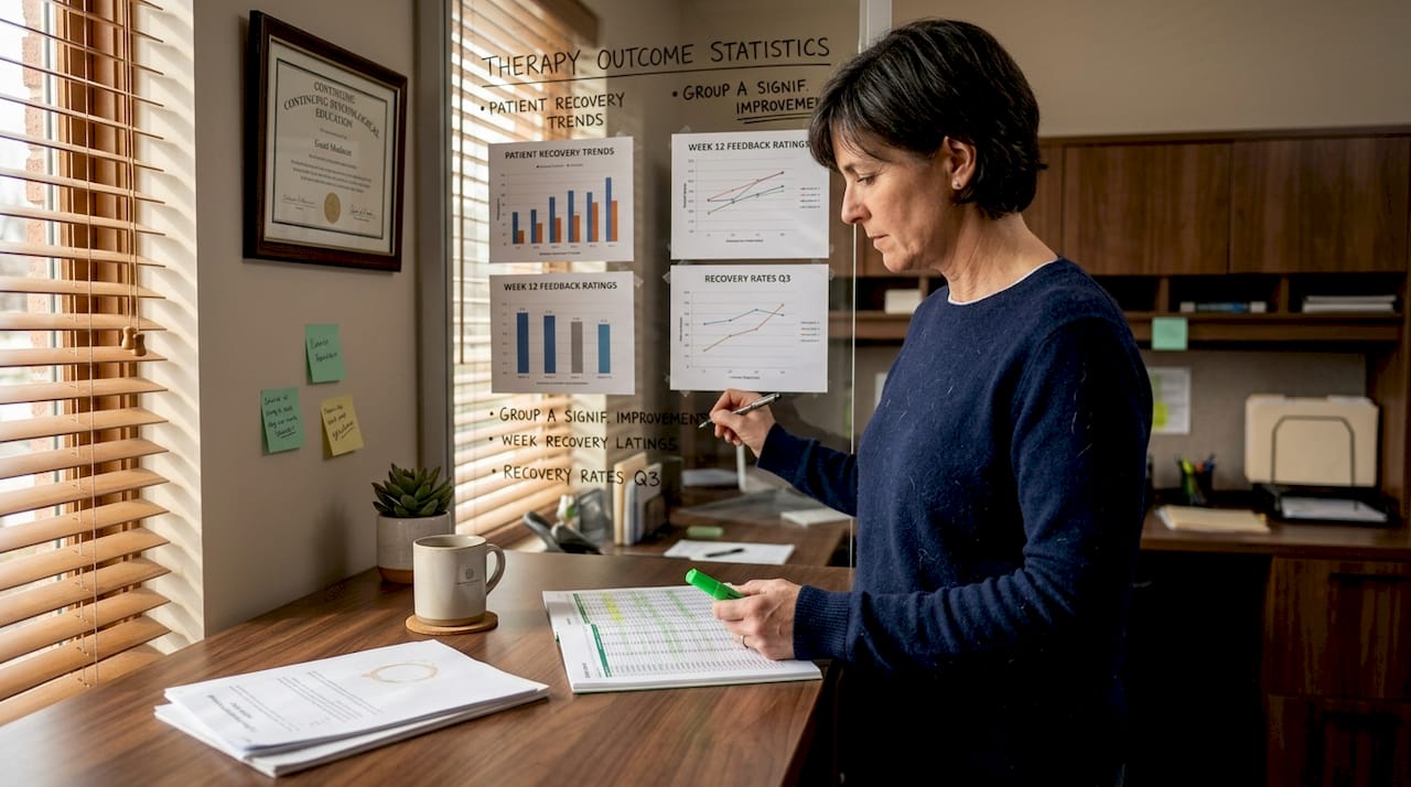 Researcher reviewing therapy outcome data