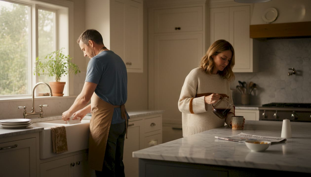 Couple interacting quietly in bright kitchen