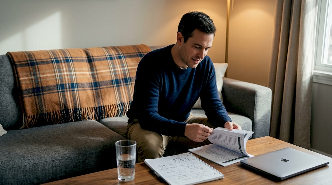 Man reviewing personal checklist on sofa