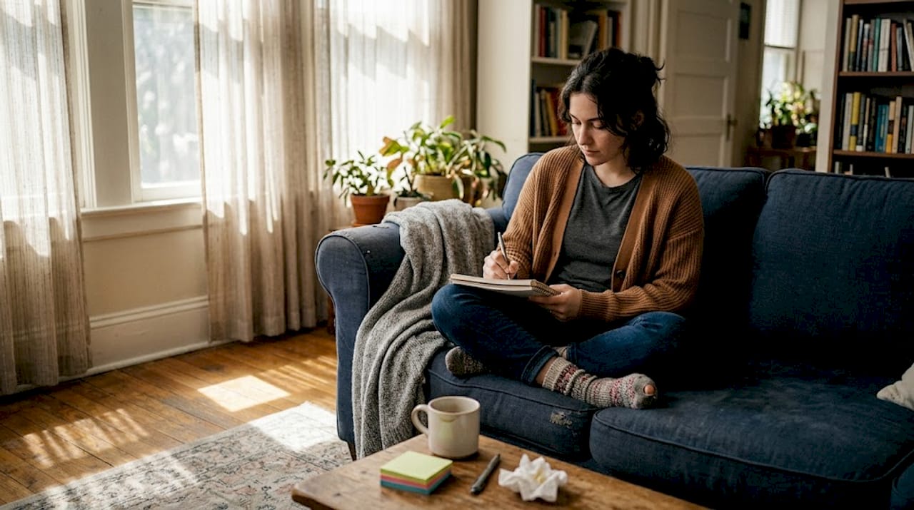 Person journaling on sunlit living room couch