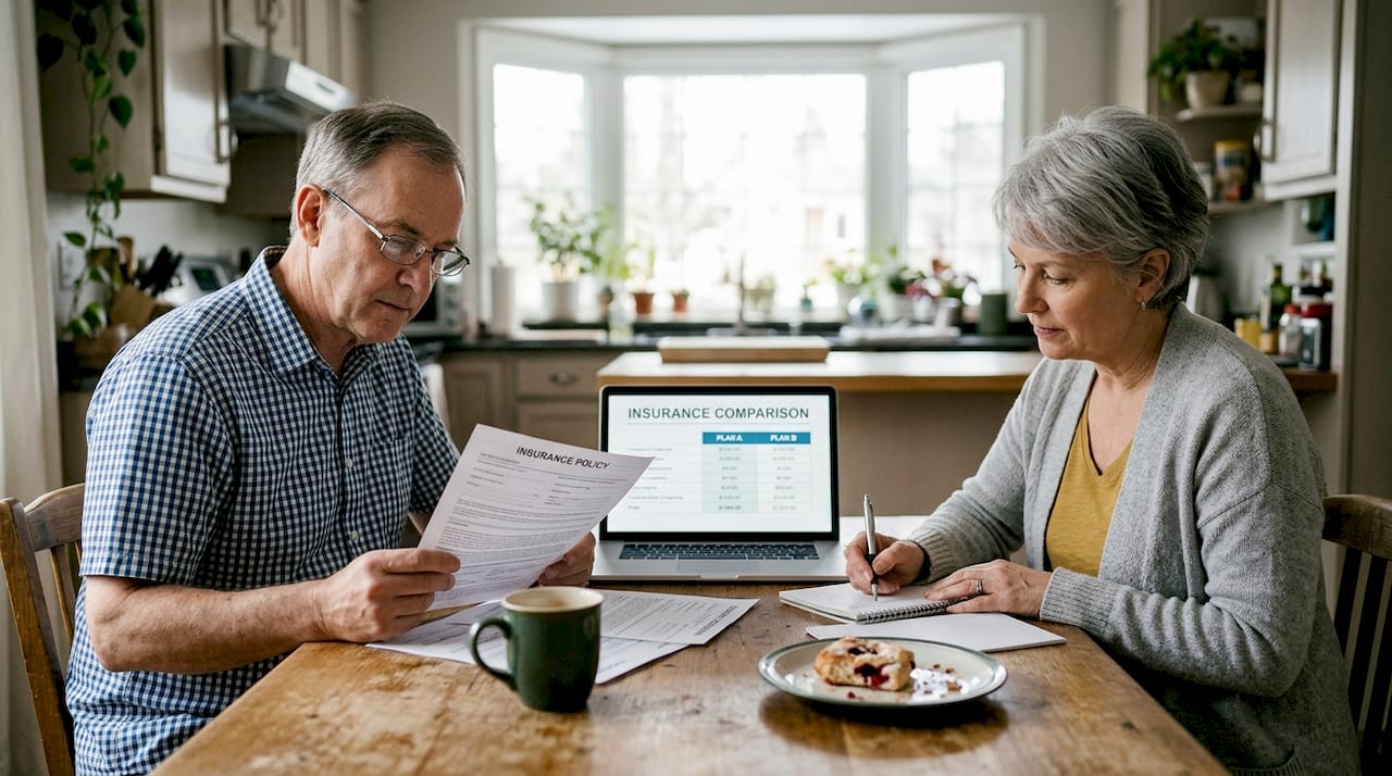 Retired couple comparing insurance policies at home