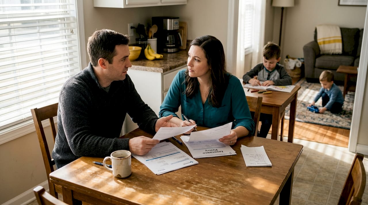 Family reviewing finances at kitchen table