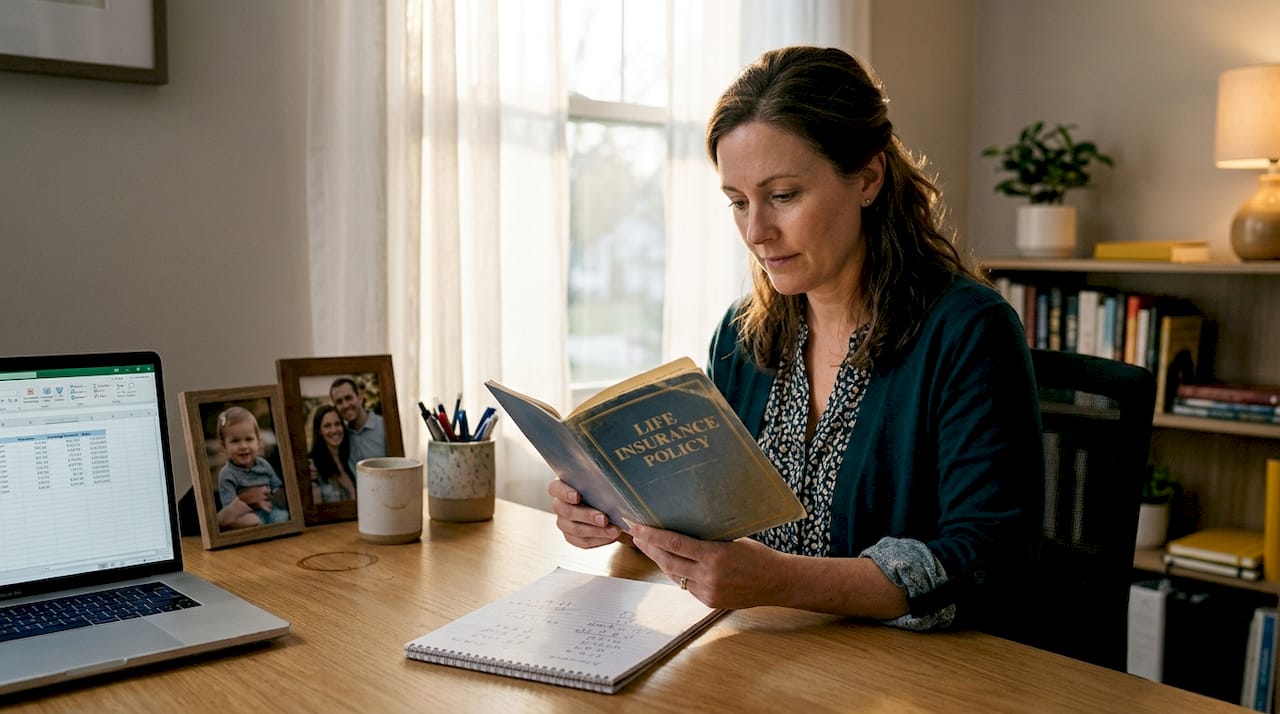 Person reading life insurance policy at desk