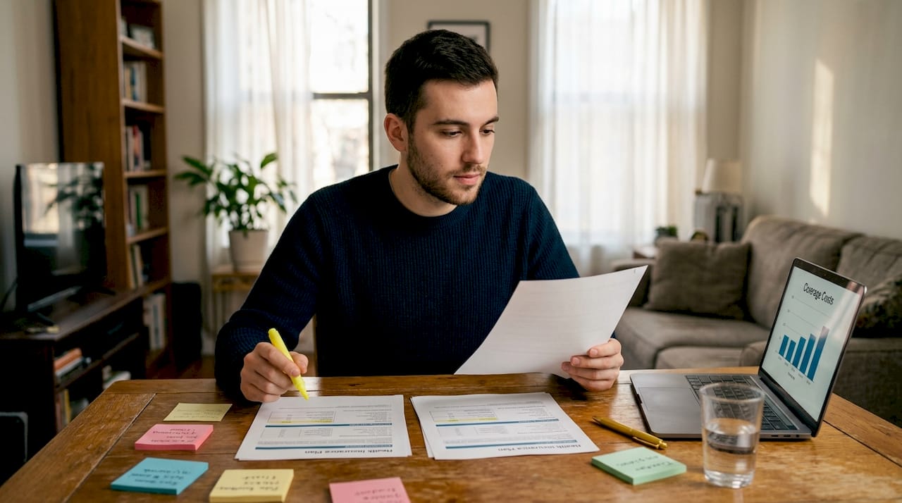 Young man compares health insurance plans at desk