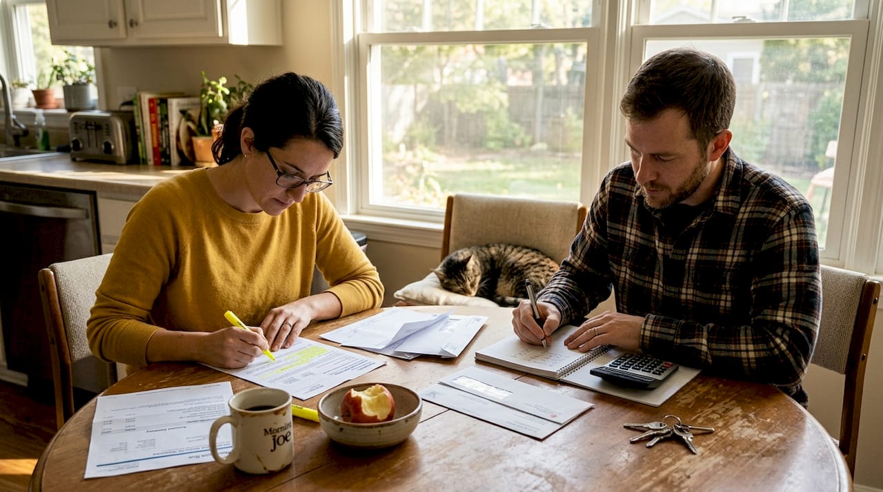 Couple reviews health insurance paperwork at kitchen table