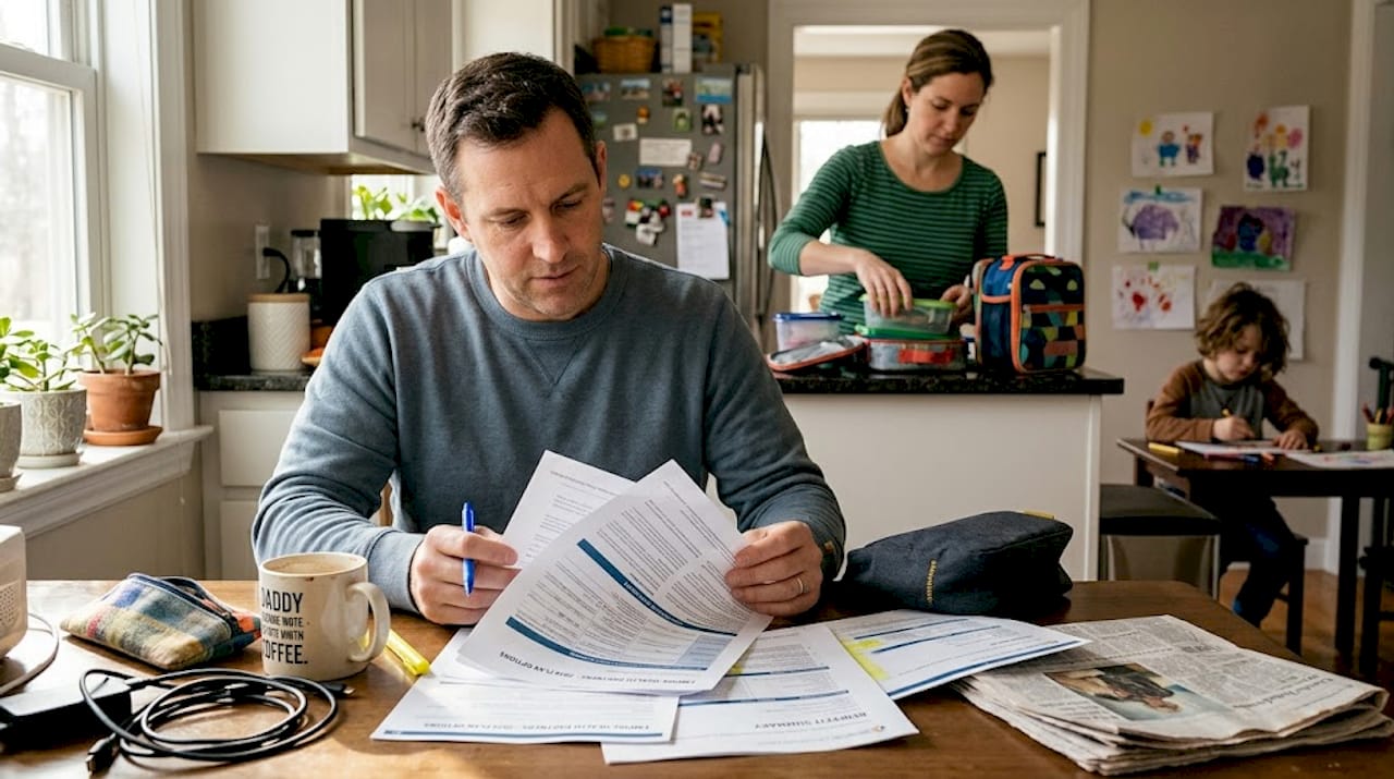 Family reviewing health plan paperwork at kitchen table