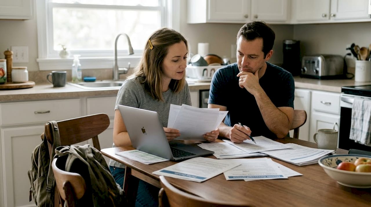 Couple reviewing health insurance paperwork together