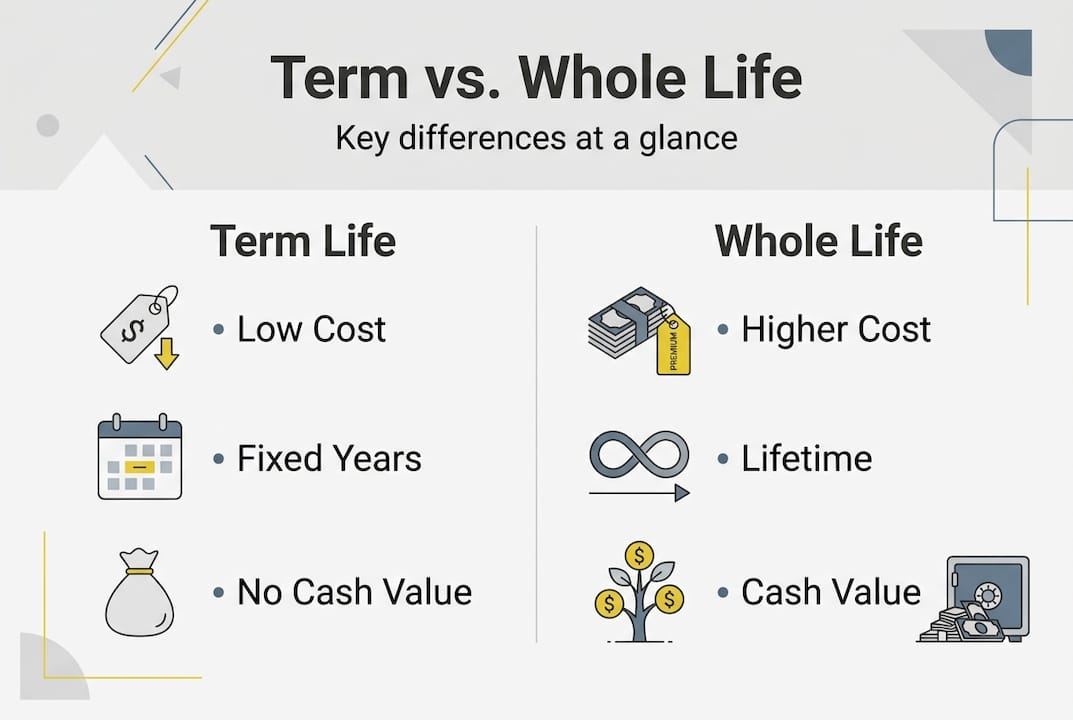 Infographic comparing term and whole life insurance