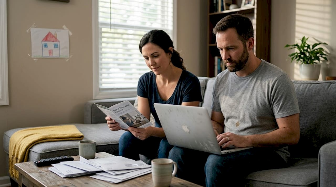 Couple discusses finances in lived-in living room