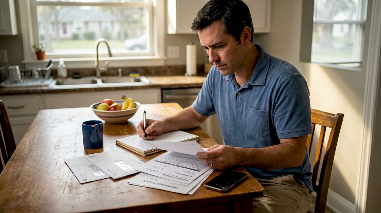 Man reviewing bills at kitchen table