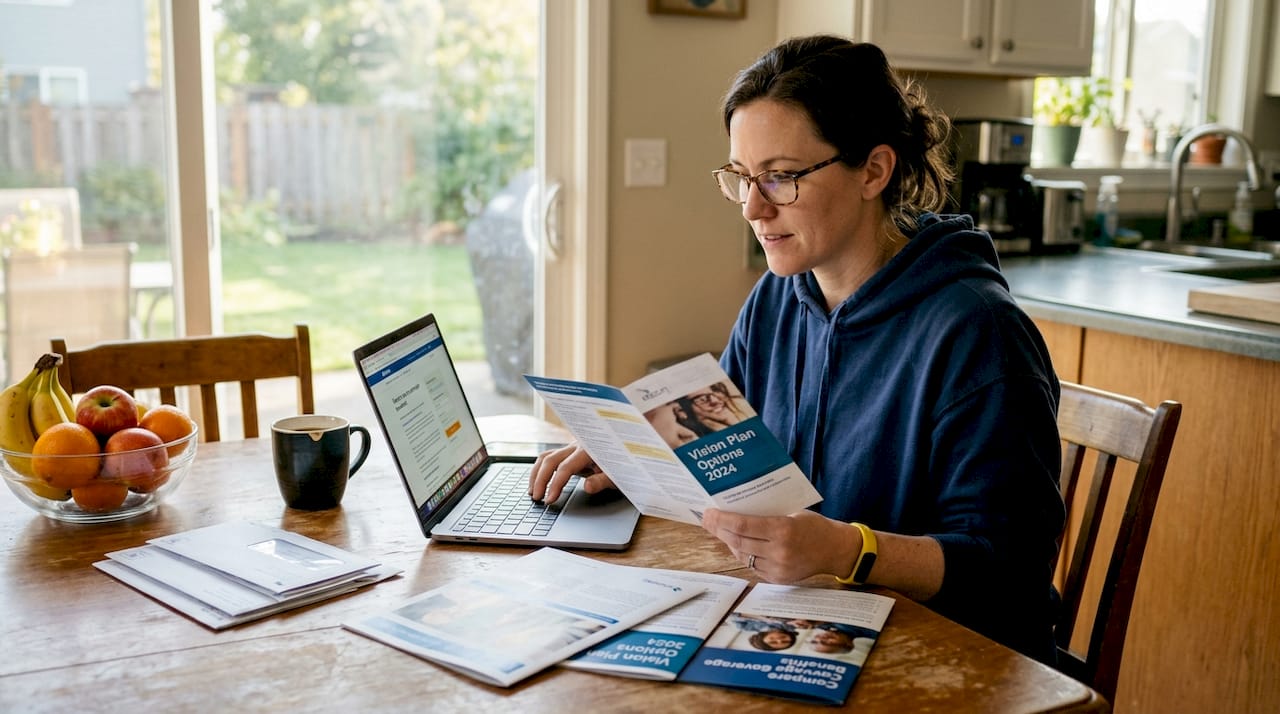 Woman comparing vision insurance at kitchen table