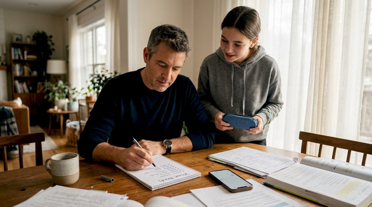 Father and daughter reviewing vision care checklist