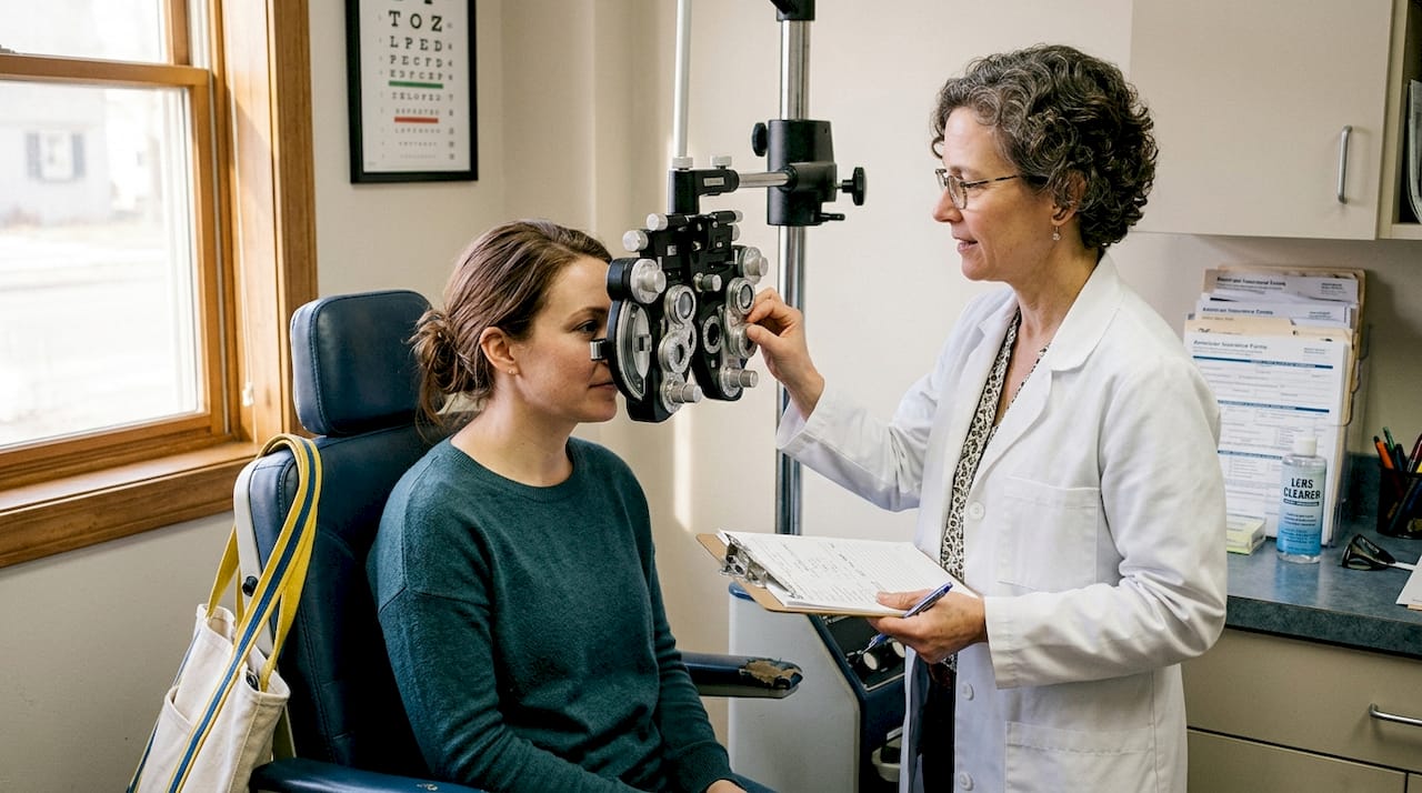 Woman receiving eye exam in optometrist office