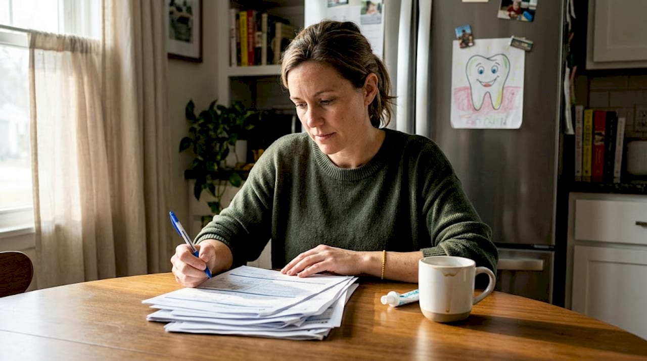 Woman reviewing dental insurance forms at kitchen table