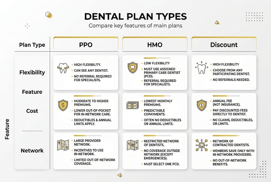 Infographic comparing dental plan types and features