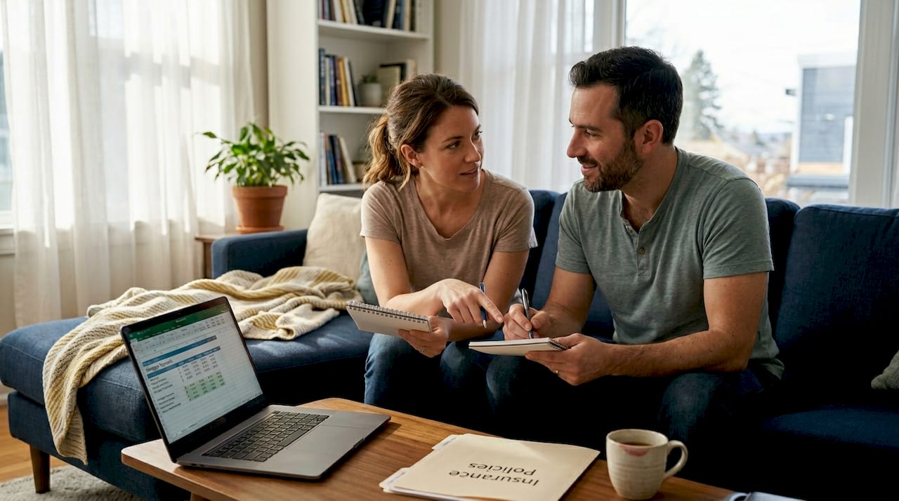 Couple reviewing insurance papers at home