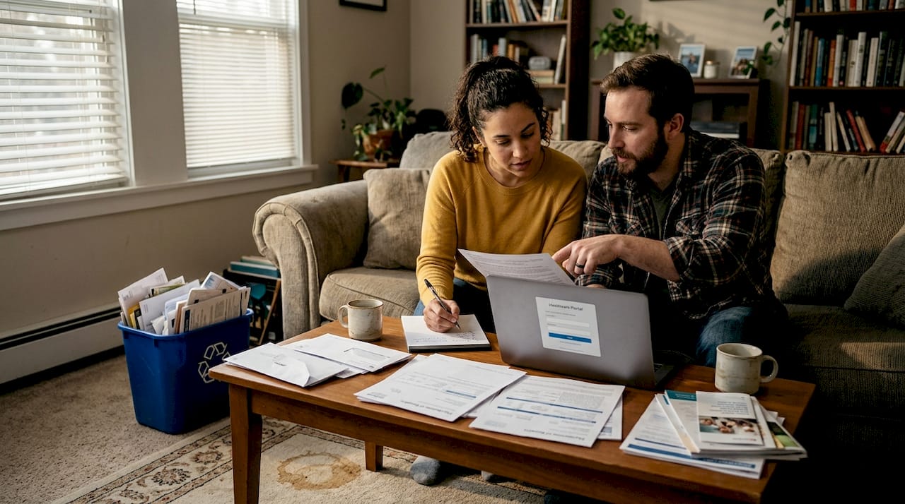 Couple reviewing health insurance documents at home