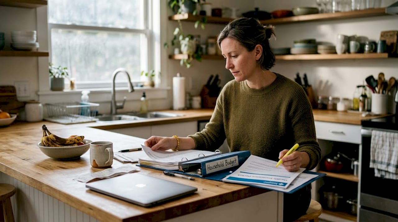 Woman reviewing family budget and insurance info