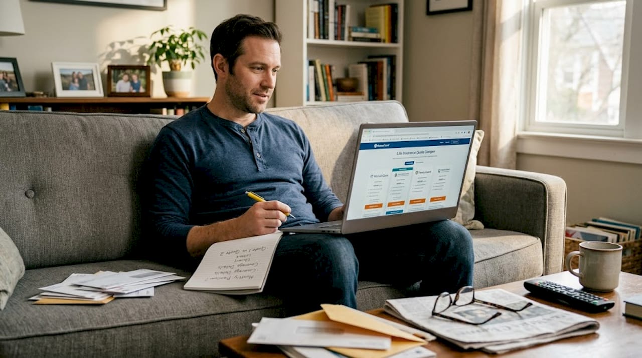 Man researching life insurance at home