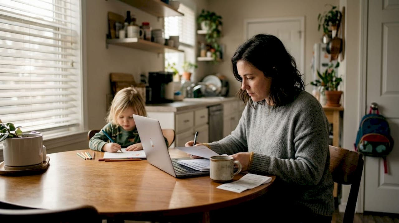 Parent reviewing life insurance papers with child