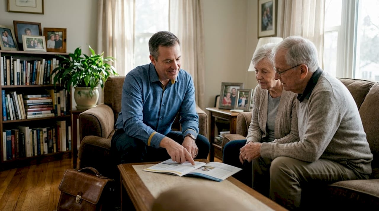 Agent explains insurance policy to elderly couple