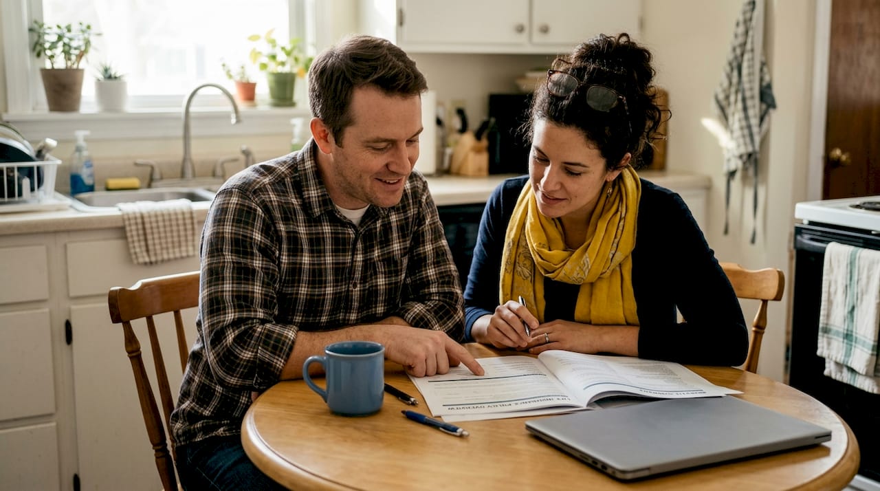 Couple reviewing life insurance at kitchen table