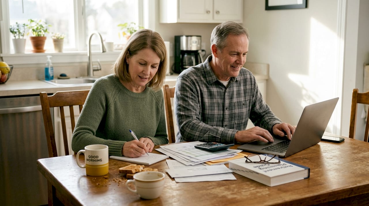 Couple planning retirement at kitchen table