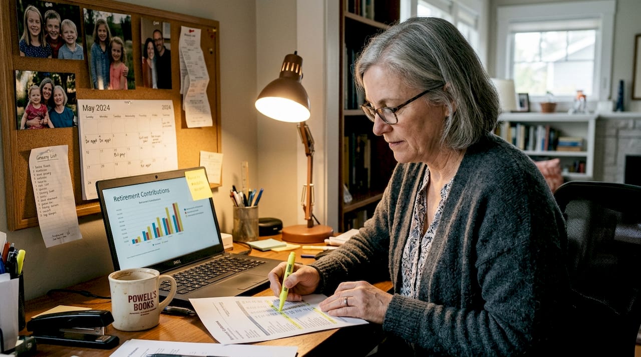 Woman reviewing retirement contributions at desk