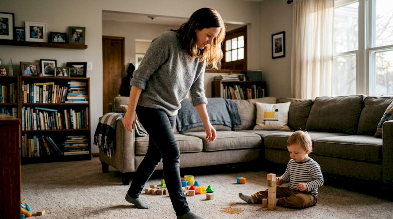 Mother tidying toys as toddler plays nearby