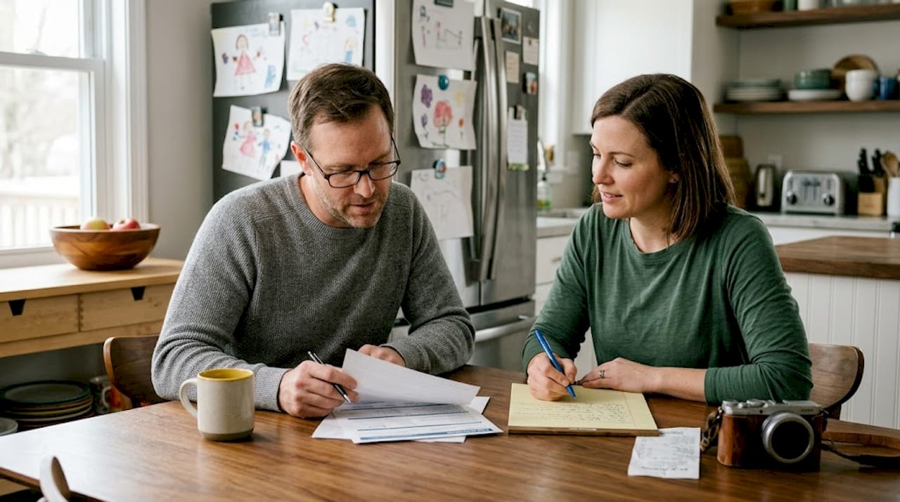 Parents reviewing life insurance documents together