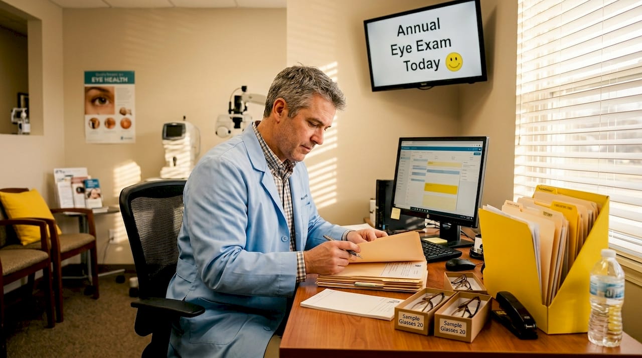 Optometrist reviewing patient files at clinic desk
