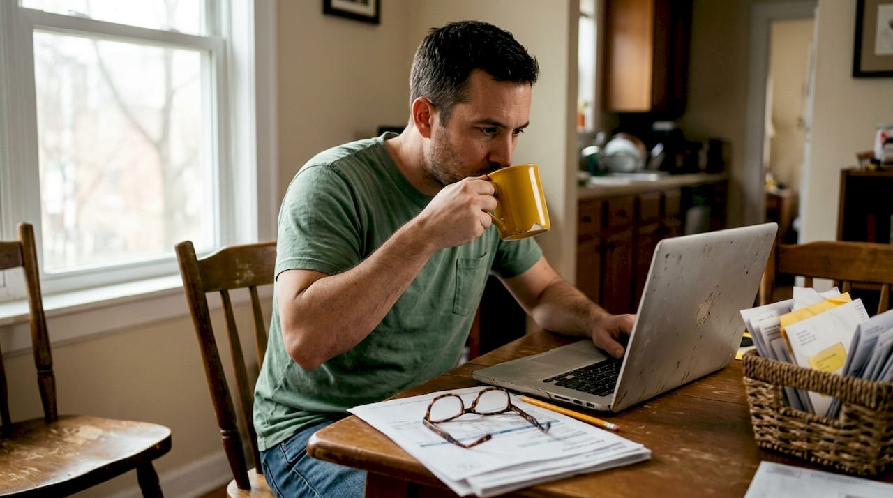 Man budgeting at table with eyeglasses and bills