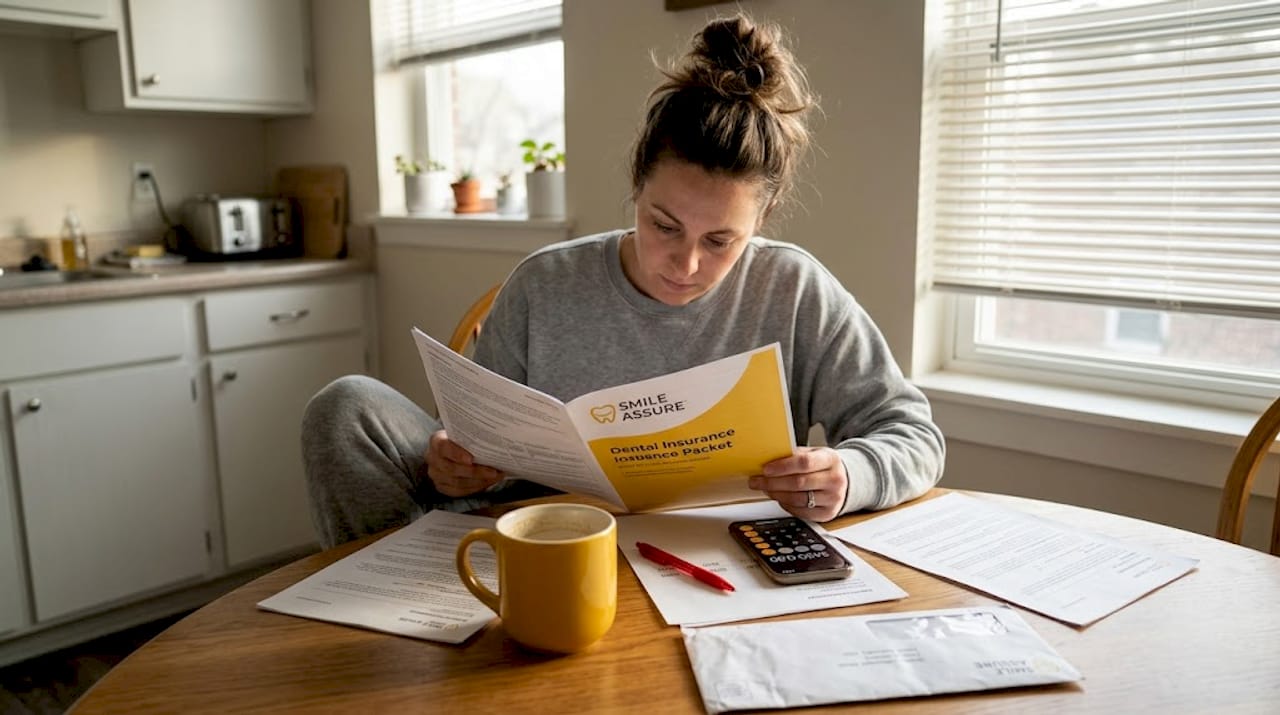 Woman reading dental insurance paperwork at kitchen table