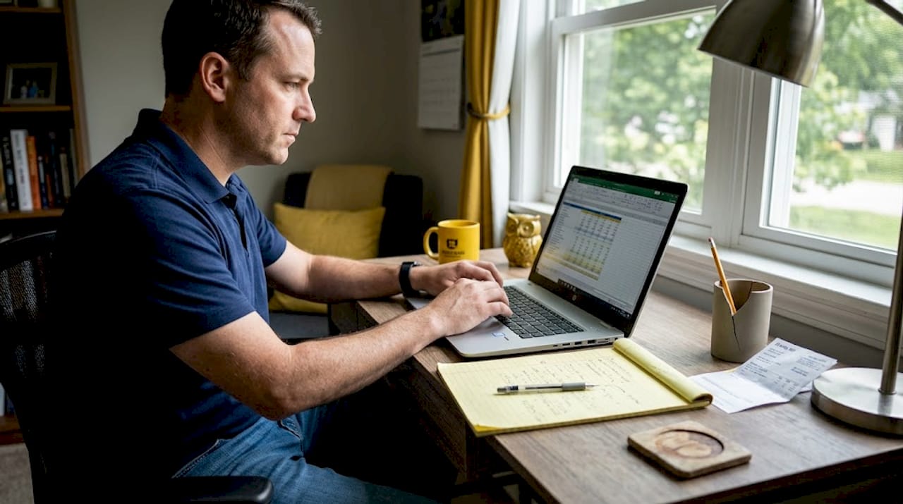 Man calculating dental costs at cluttered home desk