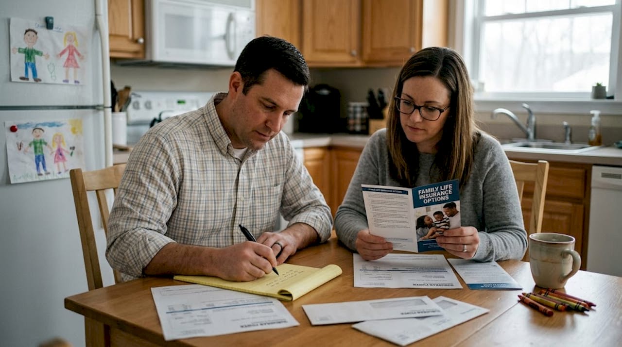 Parents reviewing life insurance papers at kitchen table