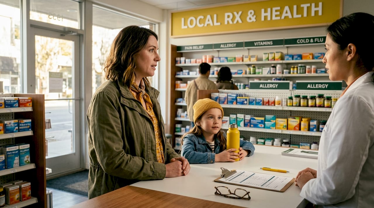 Mother and child at pharmacy counter discussing prescription