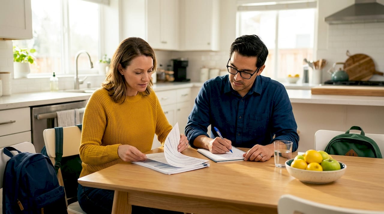 Parents reviewing health insurance documents at kitchen table