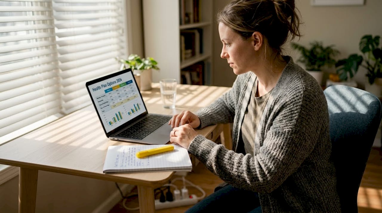 Woman comparing health plans on home office laptop