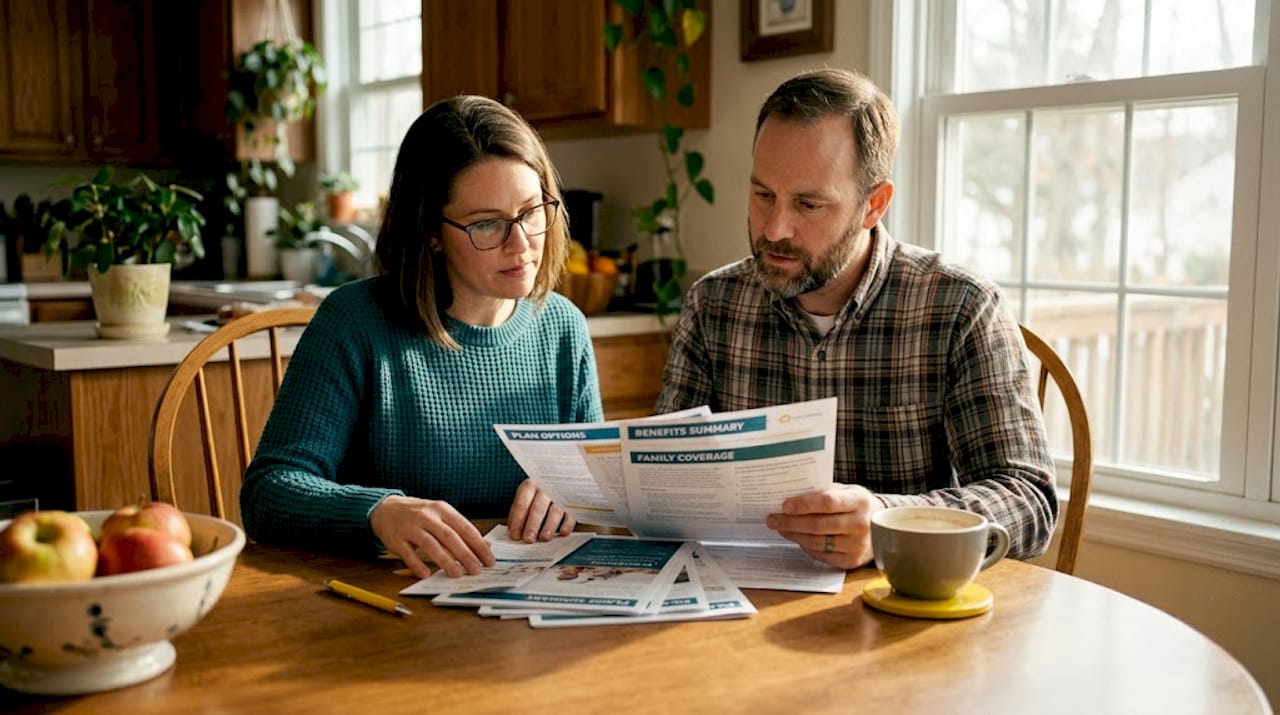 Couple reviews health insurance documents at kitchen table