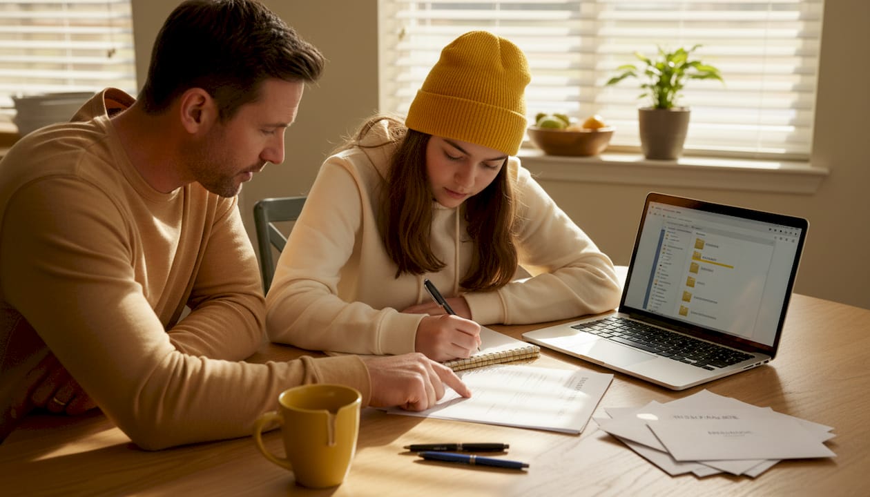 Family reviewing insurance documents at kitchen table