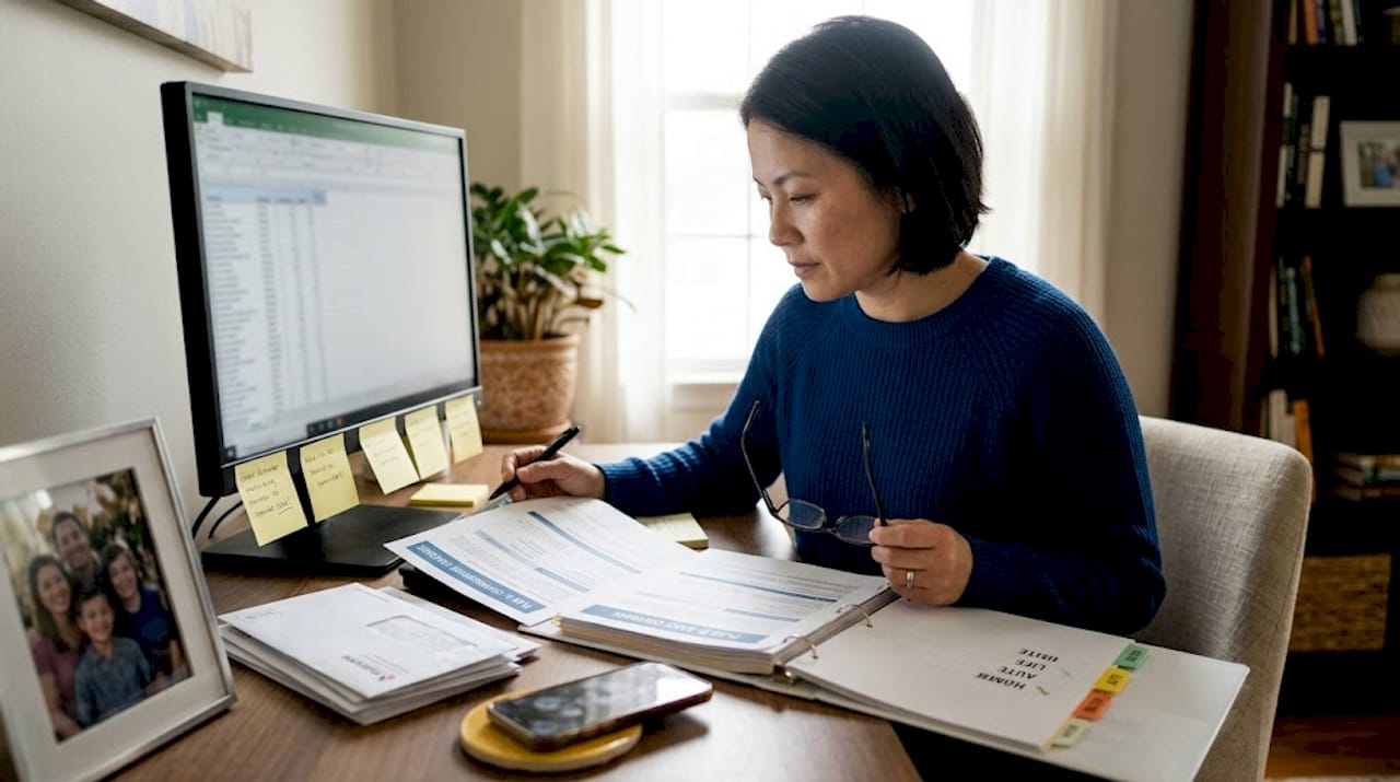 Woman comparing insurance policy documents at desk