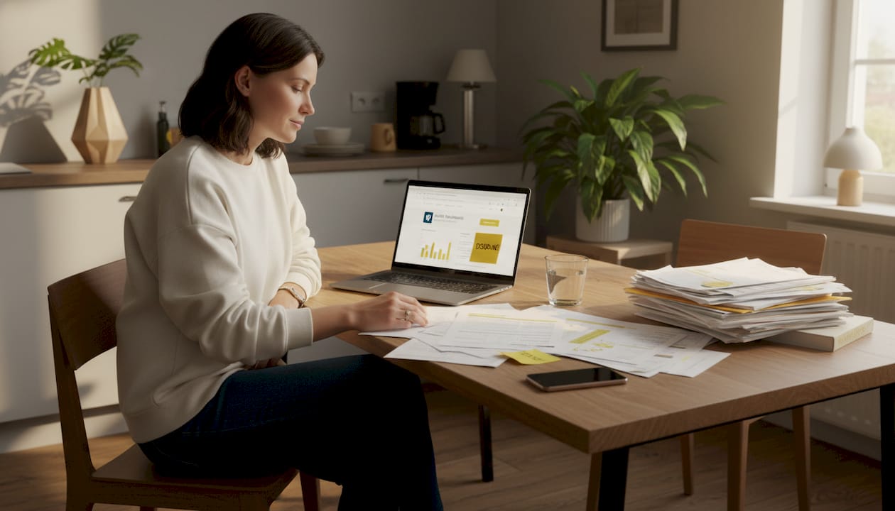 Woman reviewing health coverage documents at table