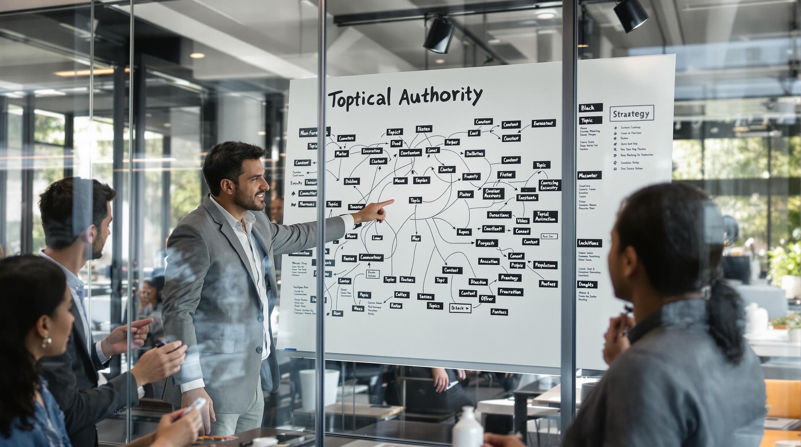 Digital marketing team mapping out content clusters labeled 'Topical Authority' in bright office
