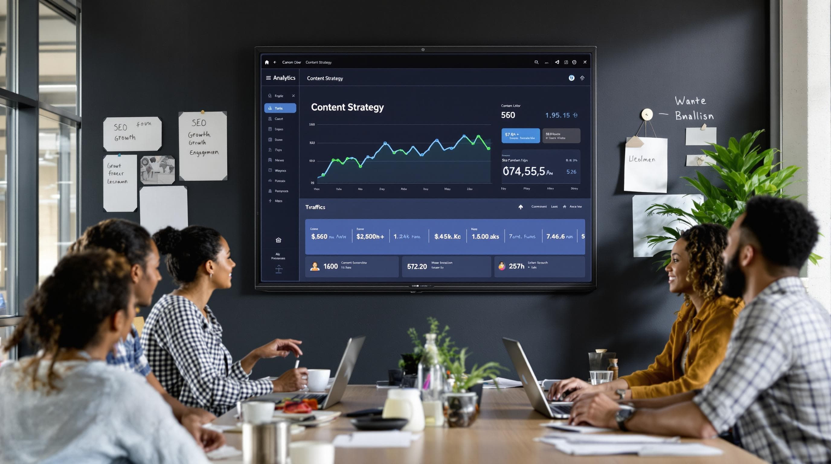 Marketing team in a modern office collaborating on SEO content strategy with 'Content Strategy' on screen