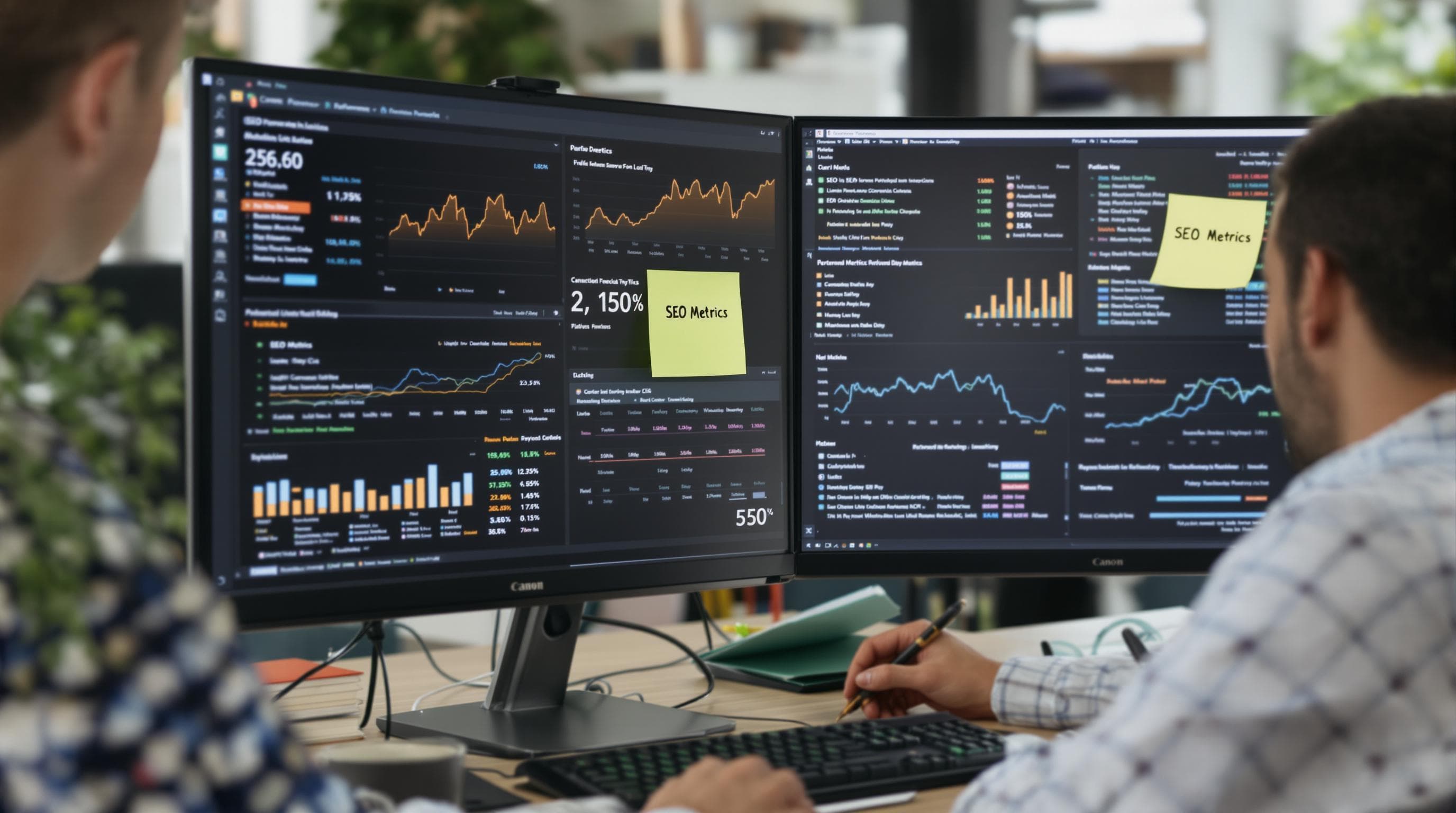 Team reviews SEO metrics and analytics at a monitor workstation in real office
