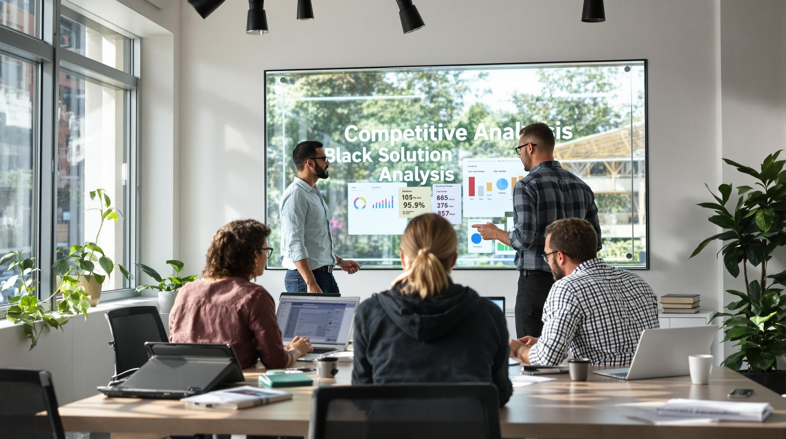 Digital marketing team collaborates on competitive SEO analysis in bright office