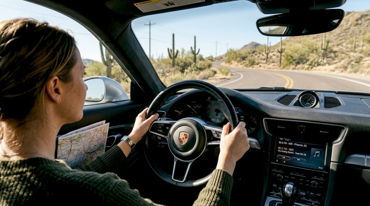 Sports car driving on desert highway