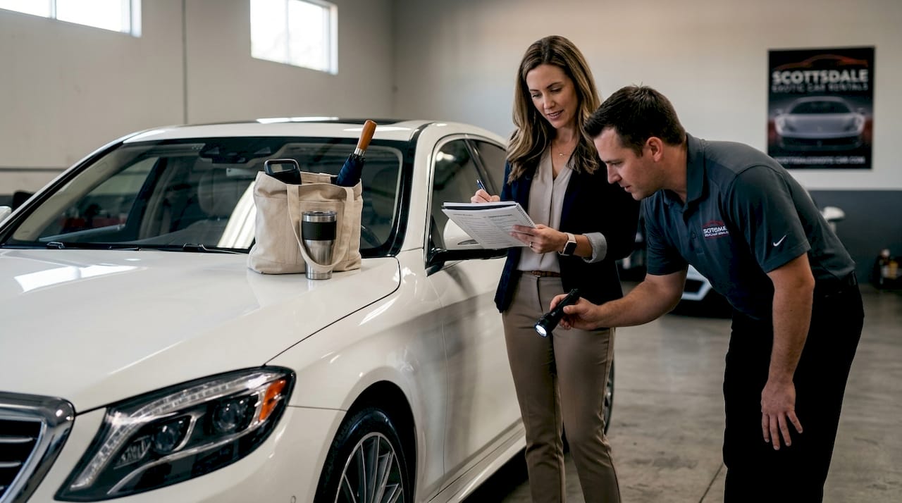 Rental agent and customer inspecting returned luxury car